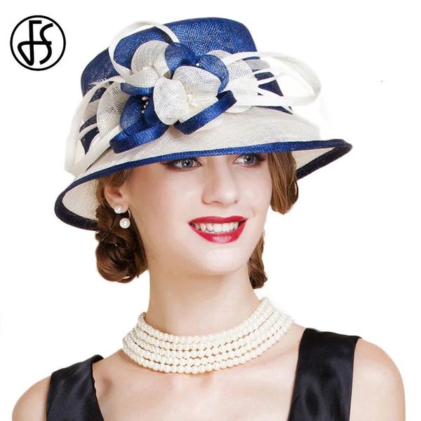 Chapéu de casamento fs azul branco sinamay para mulheres chapéu de igreja elegante flor aba larga fedoras chapéu de linho k 231225