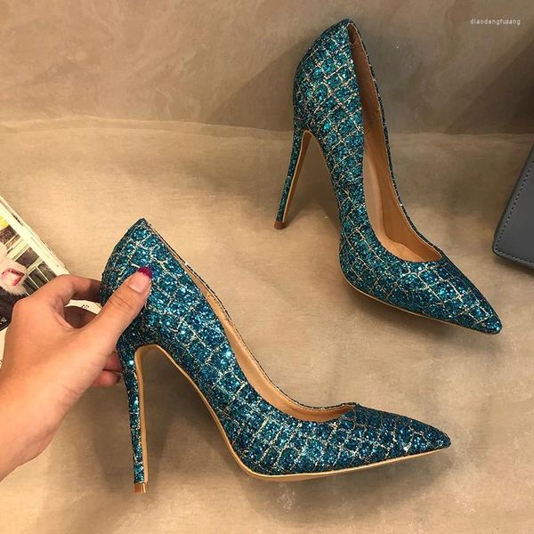 Kleid Schuhe Mode Frauen Designer Marke Blau Glitter Strass Point Toe High Heels Pumps Stiletto 33-43 cm 12 cm 10 cm 8