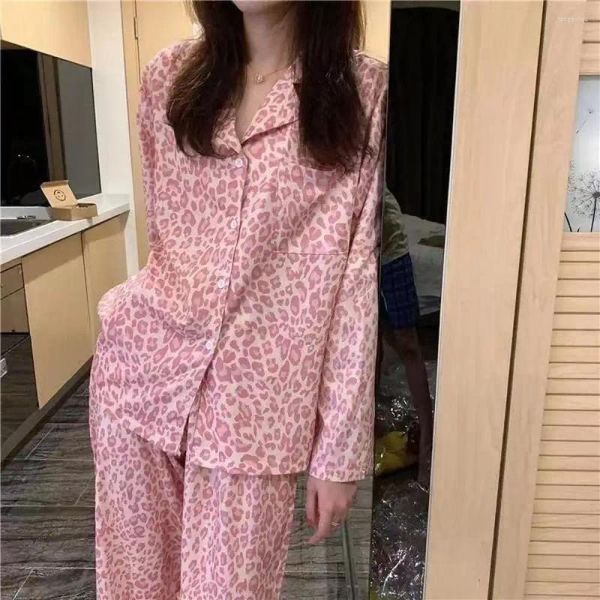 Pijamas femininos conjuntos de pijamas leopardo verão outono botão para baixo algodão pijamas senhoras dos desenhos animados pijamas mujer 2 peça pjs homewear