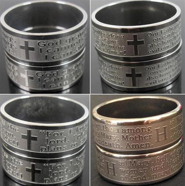 Ganze 100 Stück Top-Mix-Religiöse Ringe Gravierter Jesus-Gebet-Edelstahlring Geätzter Männer-Religion-Glauben-Ring-Kirche Aktivität278f9204309