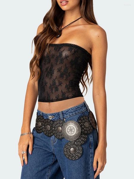 Canotte da donna Y2k Grunge floreale pizzo senza spalline Top a fascia Ragazze senza cuciture elastico sul petto Reggiseno tinta unita Fondo intimo