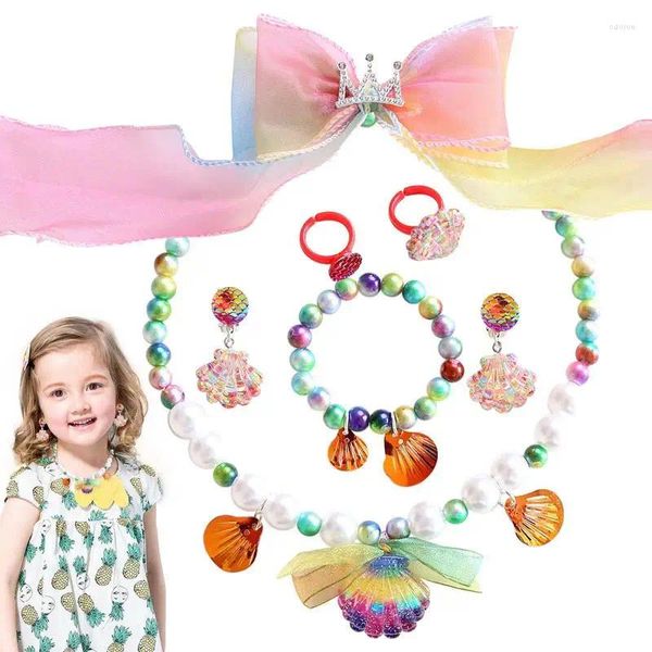 Collana orecchini set gioielli sirena ragazze principessa braccialetti con perline kit 7 pezzi colorati elastici per bambini