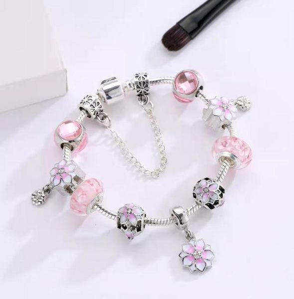 16 a 21 cm rosa oriental cereja charme pulseira 925 corrente de prata contas de flores caber diy acessórios de jóias de casamento para presentes de ano novo2040323