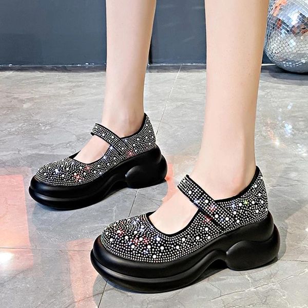 Kleid Schuhe Oxford für Frauen Plattform 2023 Herbst Strass Dicke Sohlen Glänzende Kristall Haken Schleife Trend Casual