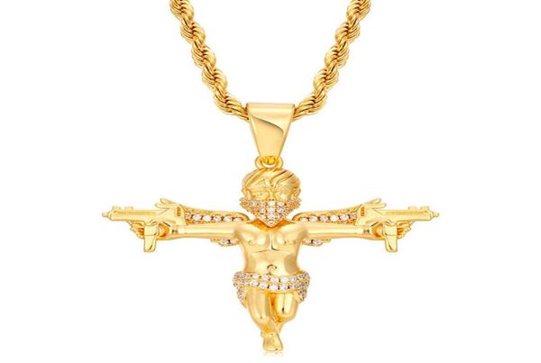 Personalidade rua rapper jóias ouro prata cores cz arma ângulo pingente colar com corrente de corda de 24 polegadas agradável presente 5263558