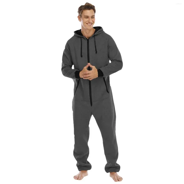 Fatos de treino masculino macacão pijamas pijamas com zíper casual cor sólida solto com capuz manga longa inverno quente adultos playsuit rompe