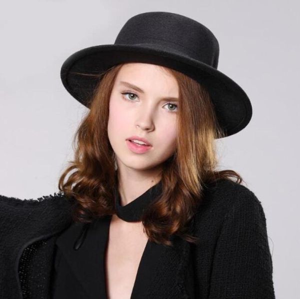 Women039s Wool Flat Dome Hats Wools Porkpie Sun Cap mit Black Ribbon Band Solid Fedora Hat Woolen Boaters Sombrero9970229