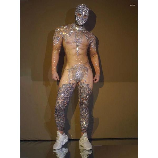 Stage Wear Deguisement Nude Gogo Pole Dance Rave Body color carne Uomo Y Strass Tuta Maschera Festeggia Costume Outfit Drop Deli Dha41