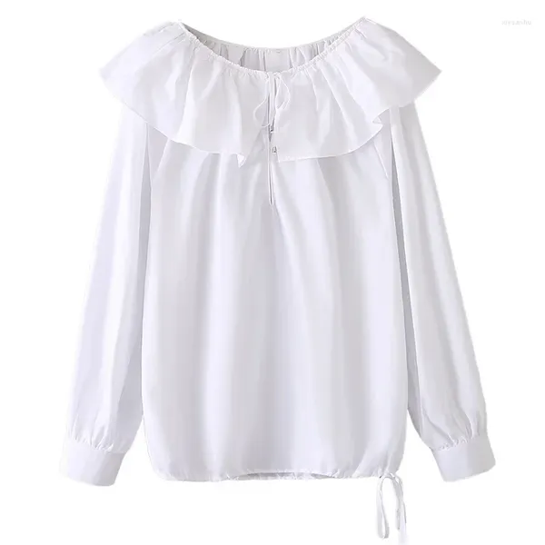 Blusas femininas 2023 verão gola boneca manga comprida solta camisa de algodão bowknot branco simples deslocamento all-match moda topo