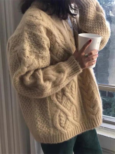 Suéteres femininos Mohair camisola de malha mulheres outono inverno 2023 moda solta sólida vintage jumpers casual engrossar o pescoço pulôver lj84
