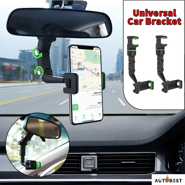 Novo suporte universal de telefone para carro multifuncional, rotação de 360 graus, espelho retrovisor automático, clipe de suspensão, suporte de telefone celular