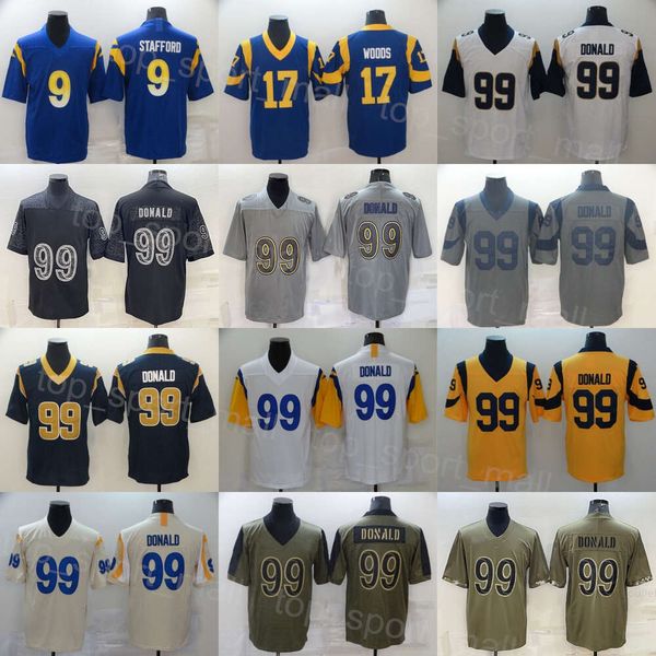 Uomo Calcio 99 Aaron Donald Maglie 9 Matthew Stafford Team Viola Bianco Beige Blu navy Grigio Verde militare Nero Saluto cucito al servizio Torna indietro L'orologio Uniforme