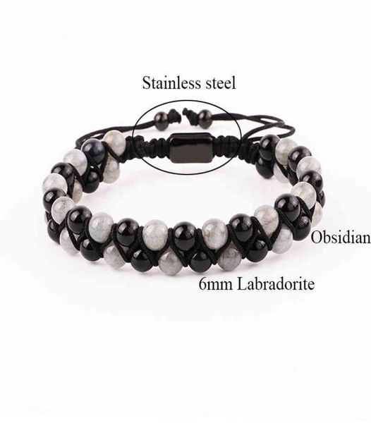 Modisches Edelstein-Armband, natürlicher 6 mm Labradorit, schwarze Achat-Perlen, handgefertigte Kordel, geflochtenes Makramee-Armband für Herren und Damen, 6541286