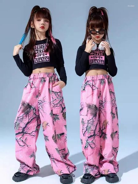 Abbigliamento da palcoscenico Bambini Costume da ballo jazz Ragazze Abiti Kpop Top corti Pantaloni rosa Abiti Hip Hop Abiti da prestazione BL11817