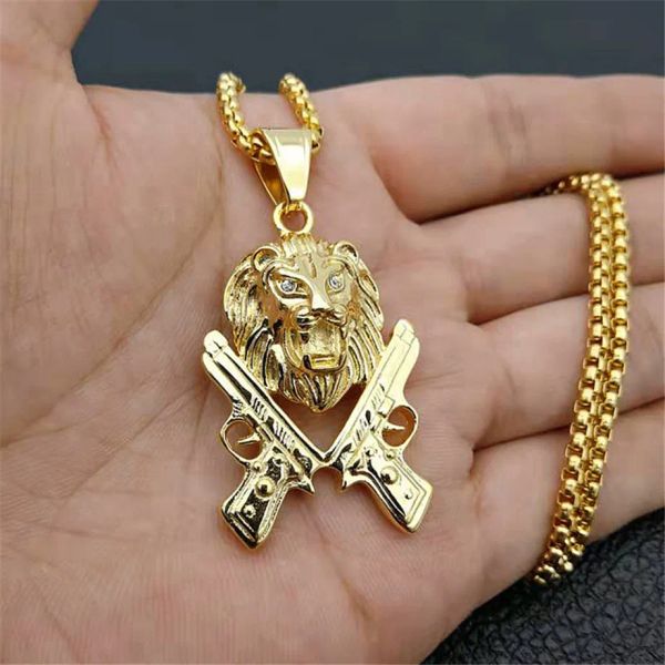 Gun Charms Kopf Löwe Halskette Stil Männer/Frauen Goldene Farbe 14k Gelb Kette Halsketten Anhänger