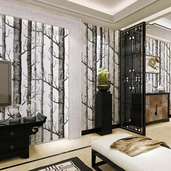 Duvar Kağıtları Toptan Nordic Orman Dokunamayan Duvar Kağıdı Birch Tree Rustik Modern Minimalist Siyah Beyaz Rulo Duvar Sticker