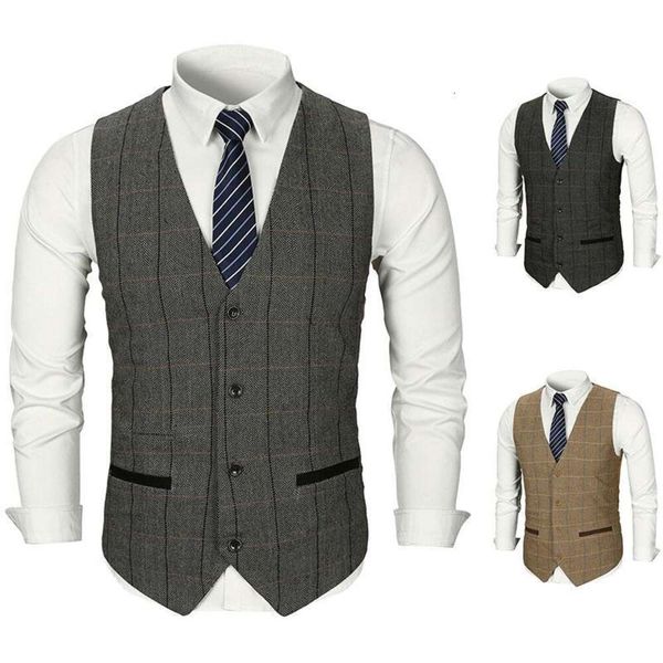 Jaqueta masculina de tweed slim fit, estilo britânico, algodão puro, sem mangas, colete de casamento
