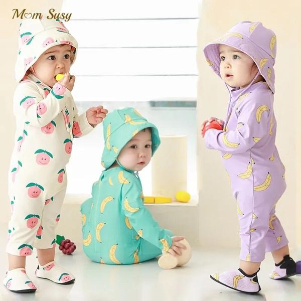 Set Boy Boy Girl Sim Suit Tek Parça Cap Toddler Çocuk Mayo Karikatür Baskı Bankanı Çocuk Yüzme Yaz Bebek Elbiseleri 27y