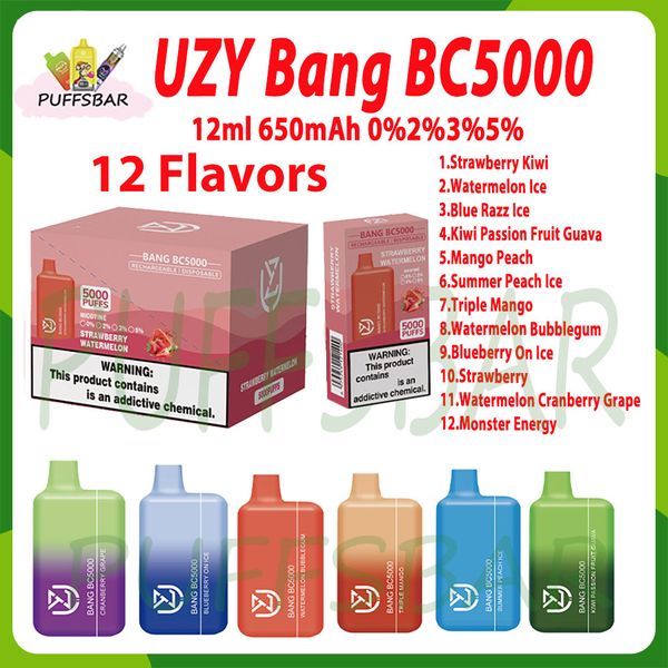 Orijinal Uzy Bang BC 5000 Puf Teslim Edilebilir Vape Kalem 12 Lezzetler E Sigara Type-C Tip 650mAH şarj edilebilir pil% 2% 3% 5% 5 kartuş buharlaştırıcı cihaz pufları 5k kit