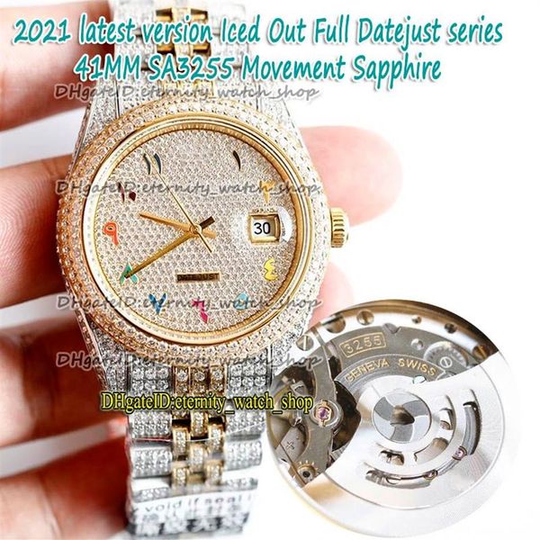 eternidade versão mais recente Rainbow Árabe Diamonds Dial SA3255 Automatic 86409 126334 126333 Mens Watch Two Tone Strap Iced Out Full 228j