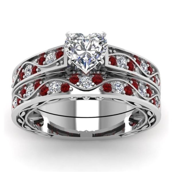 Нежное обручальное кольцо с бриллиантом в форме сердца, стерлинговое серебро 925 пробы, рубин, комплект свадебных колец, обручальное кольцо, юбилейные ювелирные изделия Si310D