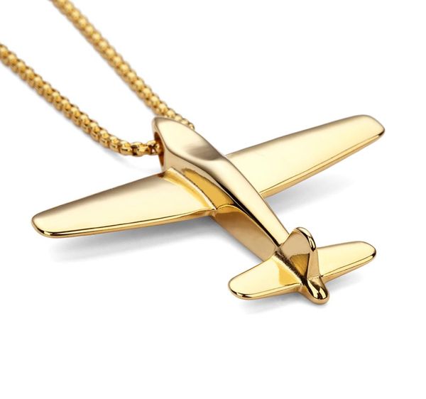 Colares pingentes de aço inoxidável avião avião pingente hip hop moda avião jóias ouro prata cor 60cm chains3109581