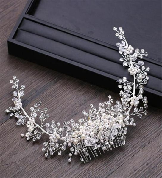 Pente de noiva de casamento vintage cristal strass headpiece pérola coroa tiara acessórios para o cabelo jóias cocar prata cabeça corrente or9048551