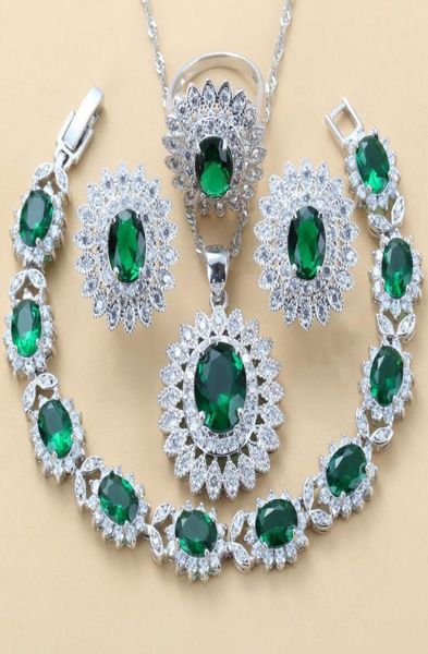 Роскошные свадебные комплекты ювелирных изделий из серебра 925 пробы в Дубае с зеленым кубическим цирконом, серьги, ожерелье, браслет и наборы колец 2202107871814