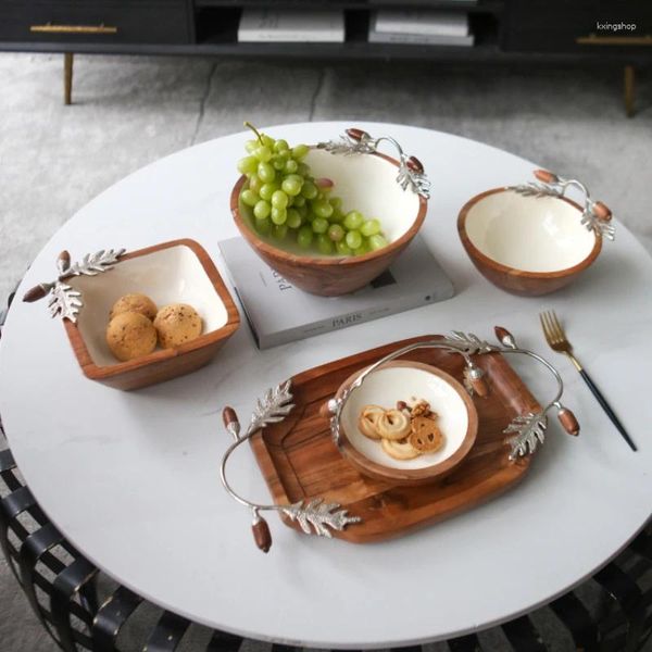 Тарелки Металлическая корзина с фруктами Деревянная чаша Скандинавские домашние продукты для хранения закусок с ручкой в виде листьев