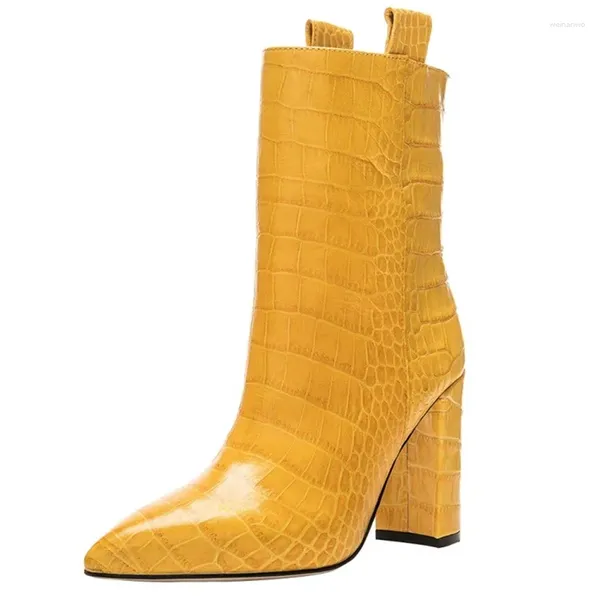 Ботинки в полоску с камнями Ботильоны без шнуровки Однотонные желтые осенне-зимние кожаные туфли на массивном каблуке с острым носком на высоком каблуке