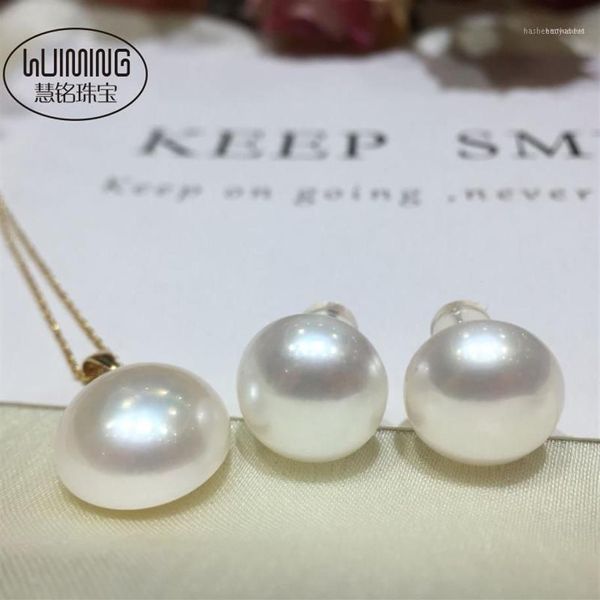 Cadeias Natureza South South Sea Pearl Moeda Mabe 18k Brincos de pingente de 18k 13-14mm miçangas inteiras fppj13174