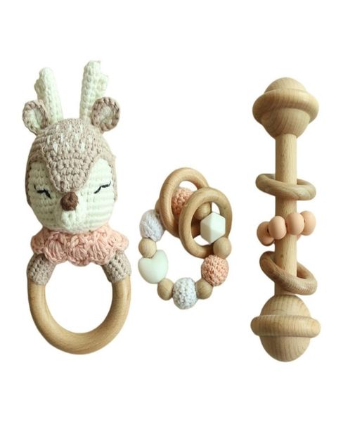 INS Wood Crochet Deer Baby Teether Newborn Dummy Holder Pacifier Clips Teething Bracelets Cute Soother Chain Infants Rattle Teethe1573544