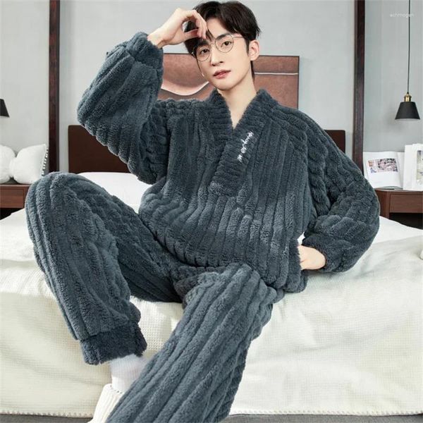 Erkekler 2024 Kış Sıcak Mercan Polar Erkekler Pijama Seti Kabarık Üstler Uyku için Uzun Pantolon 2 Parça Homewear Loungewear