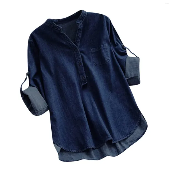 Camicette da donna Casual Denim Orlo asimmetrico Versatile manica lunga Bottoni Tasche Top Elegante e giovanile Comoda