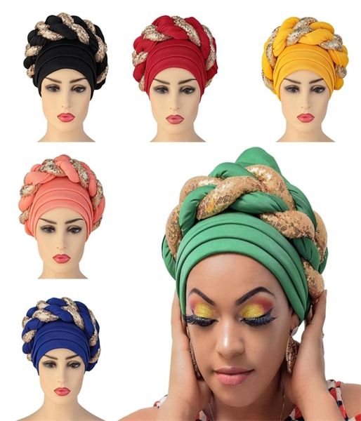 Arab Wrap Muslim Scarf Hijabs Turbans African Headtie Sequin Braid Hat for Women Pleated Beanie Headwrap Hair Accessories 2207255487197