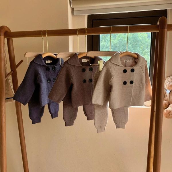 Conjuntos de roupas 8191 bebê conjunto 2023 outono inverno malha suéteres terno cor sólida polo pescoço cardigan calça menino duas peças