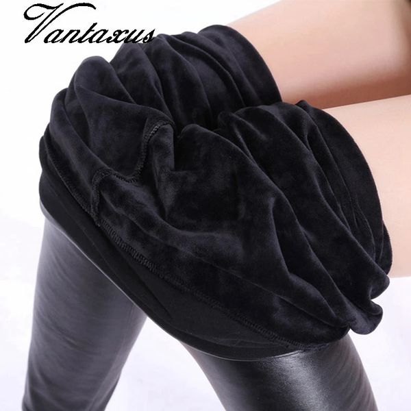 Frauen Herbst Winter warm halten schlanke Leder Leggings hohe Taille dünne Kunstleder Hosen weibliche dicke Fleece PU Leggings 231226