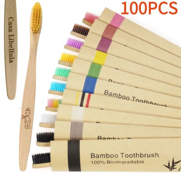 Escovas de dentes de bambu 100 peças, escova de dentes resuável ecológica, escova de dentes macia de madeira para adultos, gravação a laser personalizada 231225