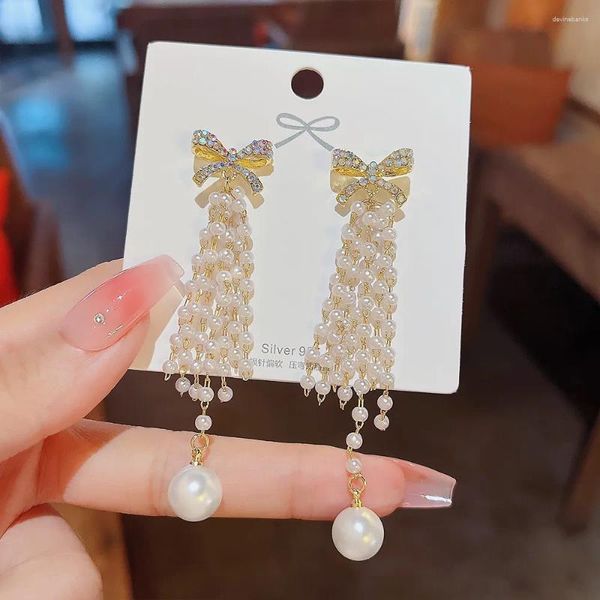 Dangle Earrings Exaggerated Pearl Beaded Tassel White Bow Tie Baroque Earings Elegant Women's Long Korean Jewelry Orecchini Donna