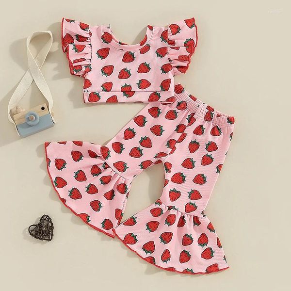 Set di abbigliamento Set di vestiti estivi per bambina Set di maniche volanti in cotone Girocollo Top Pantaloni svasati con stampa fragola Completo per bambina