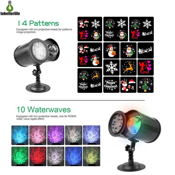 Efeitos de cabeça dupla luz do projetor laser 14 padrões 10 ondas de água sem slides à prova dwaterproof água ao ar livre luz decoração do feriado natal