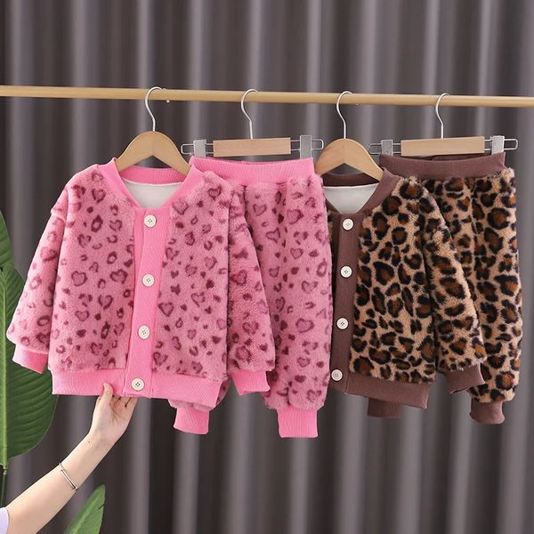 Outono inverno crianças meninas 2 pçs roupas conjunto amor algodão casaco leopardo velo calça bebê menina loungewear outfit crianças pijamas 231226