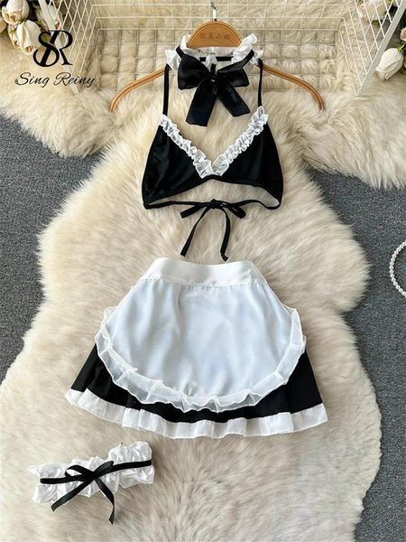 Vestidos de trabalho singiny empregada doméstica cosplay pornô sexy ternos mulheres halter mini sutiã saia curta tangas babados doce lingerie erótica nightsuits