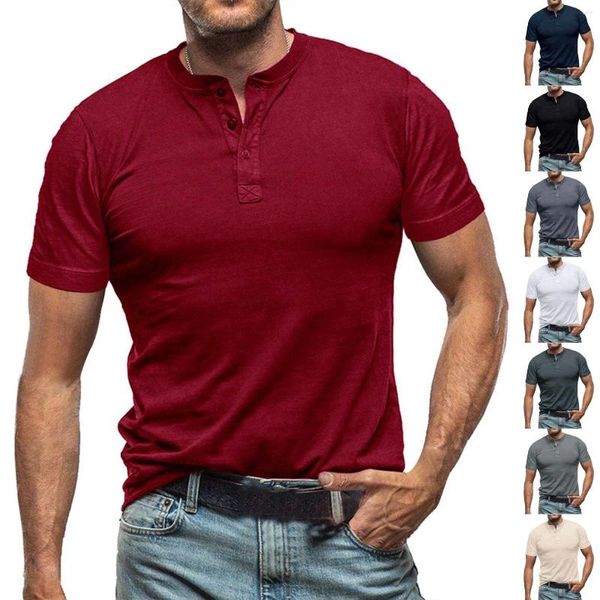 Мужские футболки, модные весенние и летние повседневные рубашки с короткими рукавами и пуговицами, однотонные мужские топы из спандекса, подходящие для
