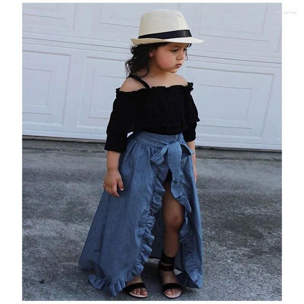 Set di abbigliamento Vestiti estivi per ragazze Abiti Top con spalle scoperte Pantaloncini Gonne in pizzo 3 pezzi Abiti da principessa in denim per bambini 1-3 anni Abbigliamento da spiaggia