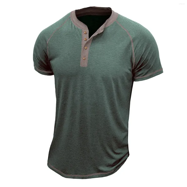 Erkek Tişörtler Erkek Şerit Dikiş Raglan Kol T-Shirts Moda Henley-Shirt Düğme Kısa Tees Klasik Retro Günlük Sokak Giysesi
