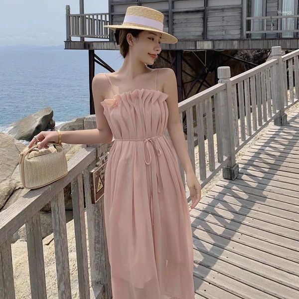 Casual Kleider Frauen Lange Helle-seide Backless Slip Kleid Sommerkleid Sommer 2023 Runway Fee Rosa Flitterwochen Urlaub Party nacht