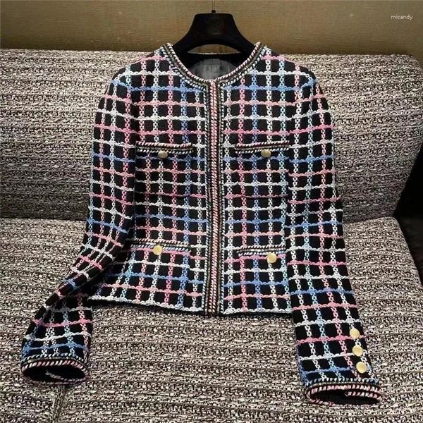 Jaquetas femininas pequena fragrância designer de luxo roupas de inverno mulheres vintage xadrez tweed jack lã casacos moda coreana streetwear 2024