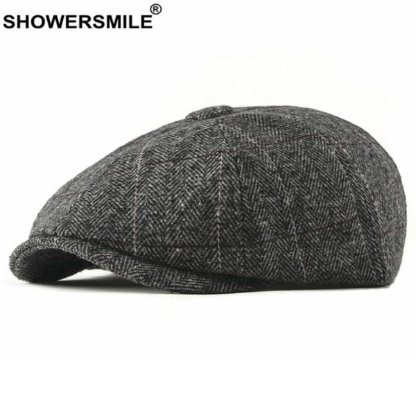 SHOWER Tweed Newsboy Cap Herren Wolle Herringbone Schiebermütze Winter grau gestreift männlich britischer Stil Gatsby Hut verstellbar20043856237857