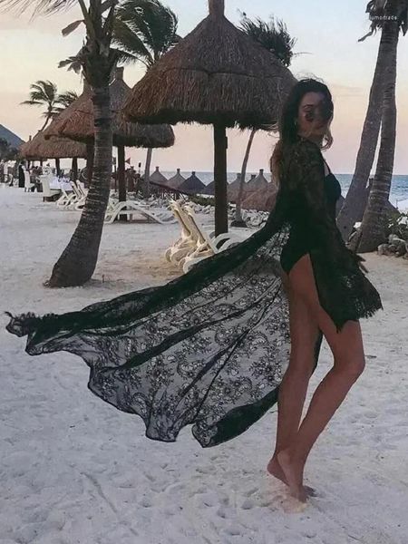 Vestidos casuais 2024 verão sexy transparente bordado praia quimono vestido manga longa com cinto franjas blusas mulheres roupas maxi q516